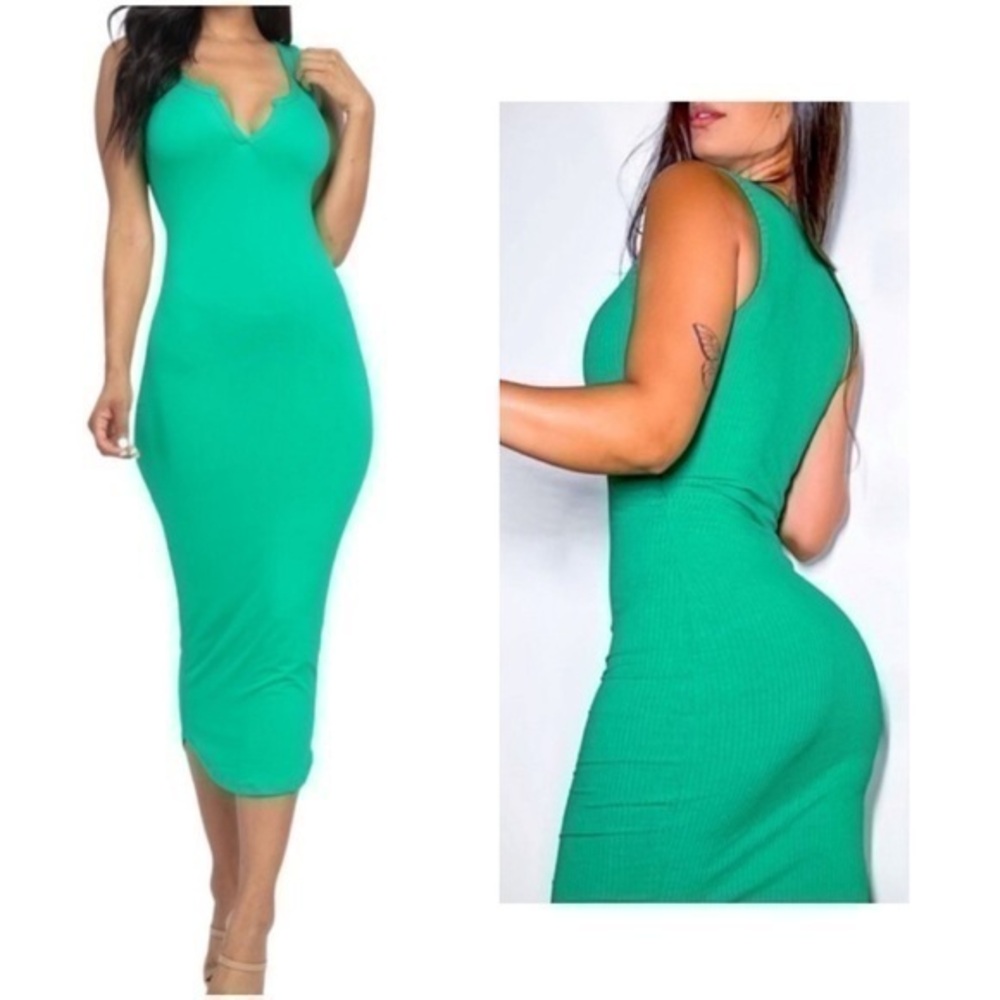 Sleeveless Midi Split Neck Tank Dress in Vibrant Green Brand New